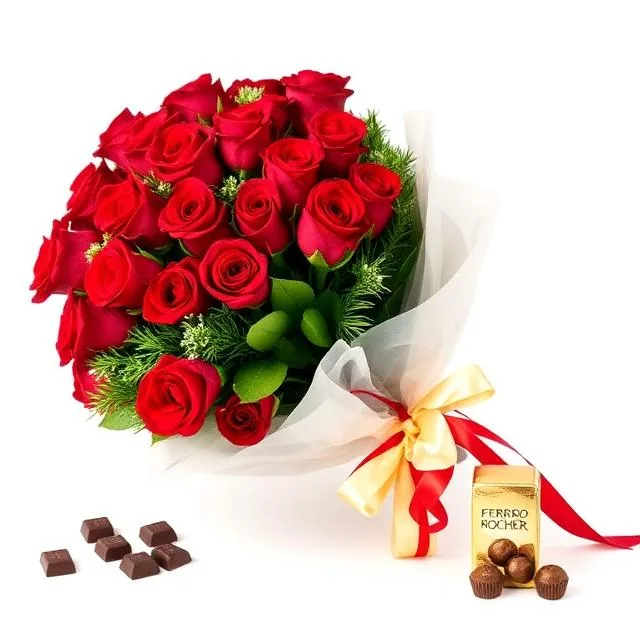 Buquê de 12 Rosas Vermelhas e Ferrero